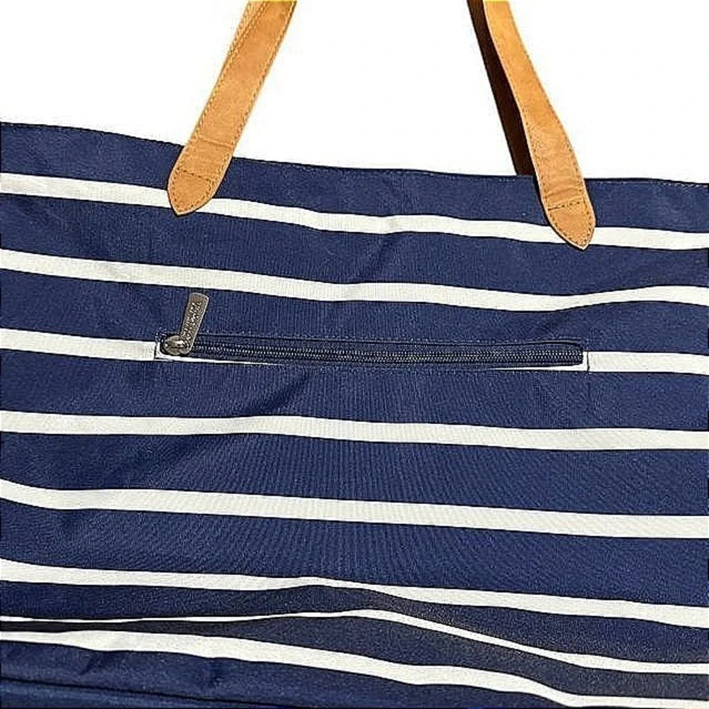 NWOT Striped Tote Bag Travel Beach Pool R&D‎ Monogrammed Zip Pocket